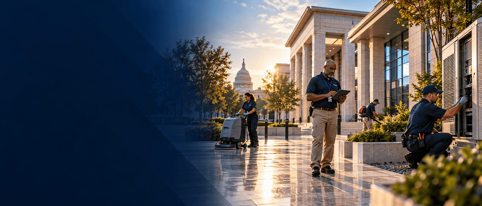 Kemjel facility professionals on a government campus at golden hour
