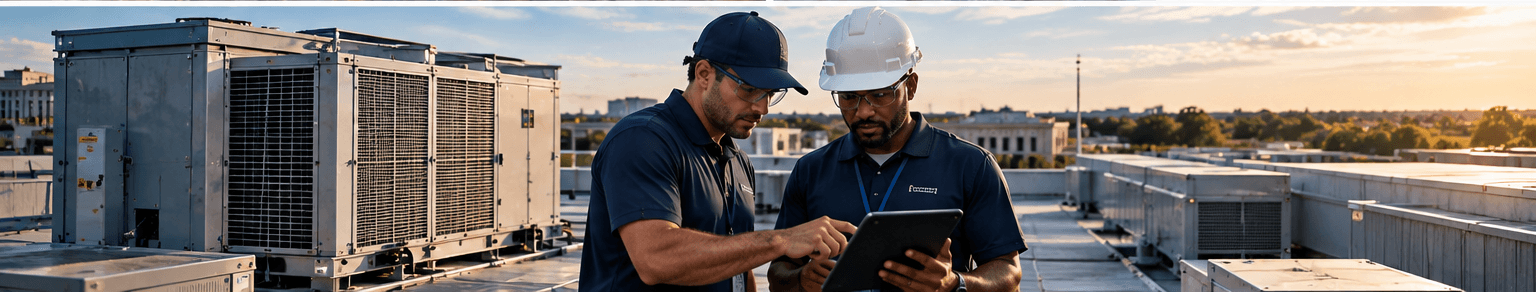 Two Kemjel technicians reviewing corrective action details on a tablet at a rooftop installation
