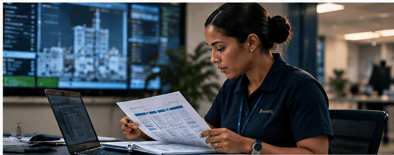 Compliance specialist reviewing an audit checklist in a facility operations center