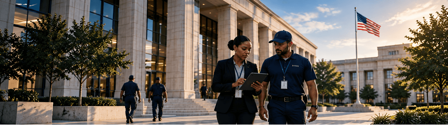 Kemjel compliance team reviewing facility requirements on a tablet outside a government building