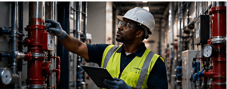 Facility inspector in hard hat and high-visibility vest inspecting valve equipment in a mechanical room