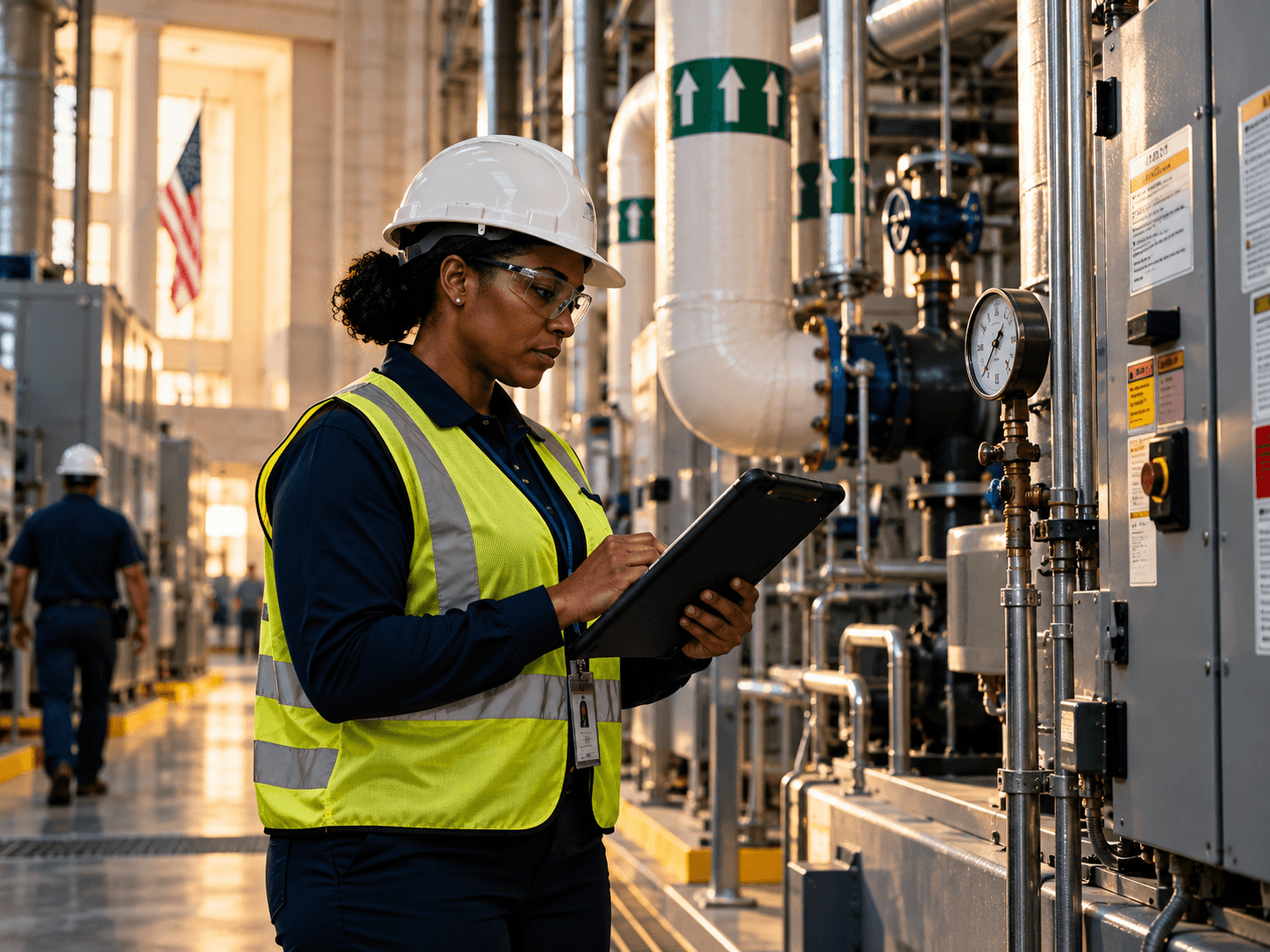 Facility inspector in hard hat and high-visibility vest reviewing equipment readings on a tablet