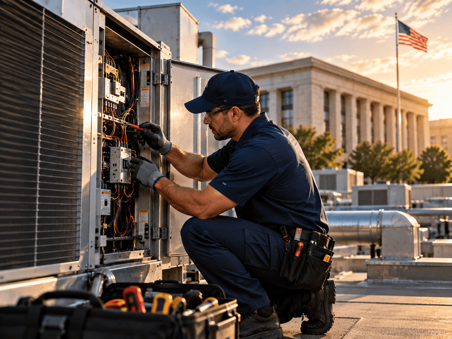 HVAC technician servicing the electrical compartment of a rooftop unit