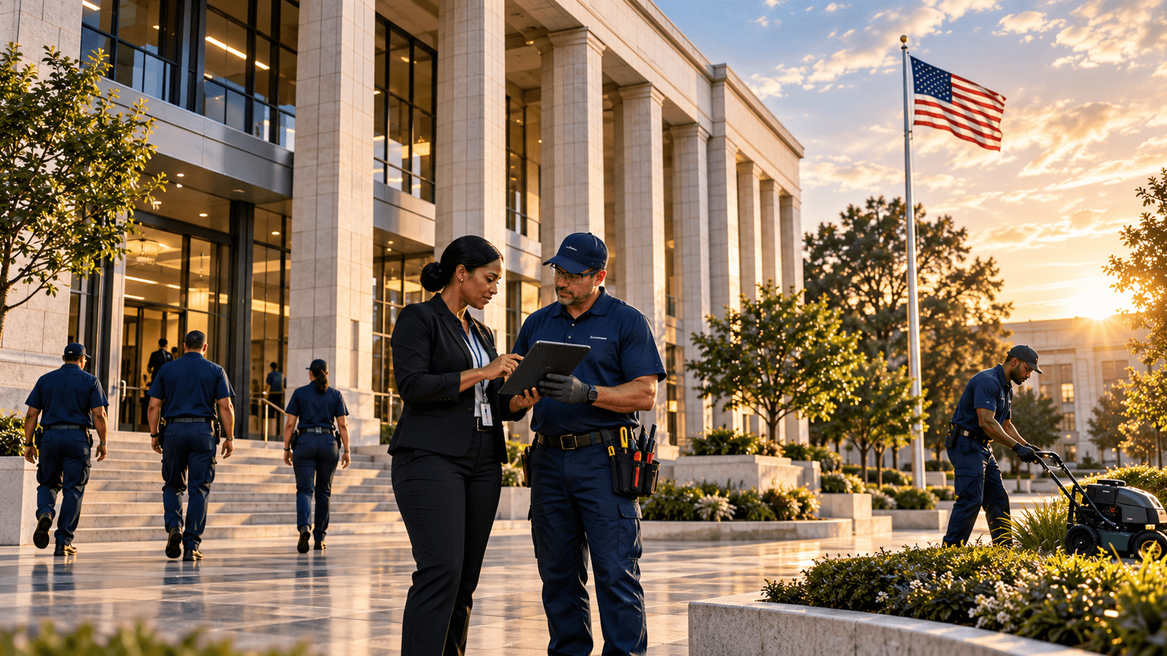 Kemjel facility manager and technician reviewing building systems on a tablet outside a government building