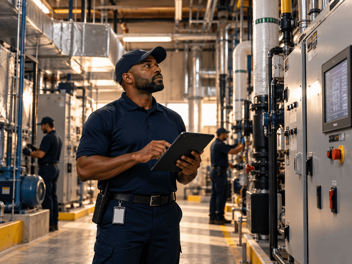 Facility manager cross-referencing building systems on a tablet during a mechanical room inspection