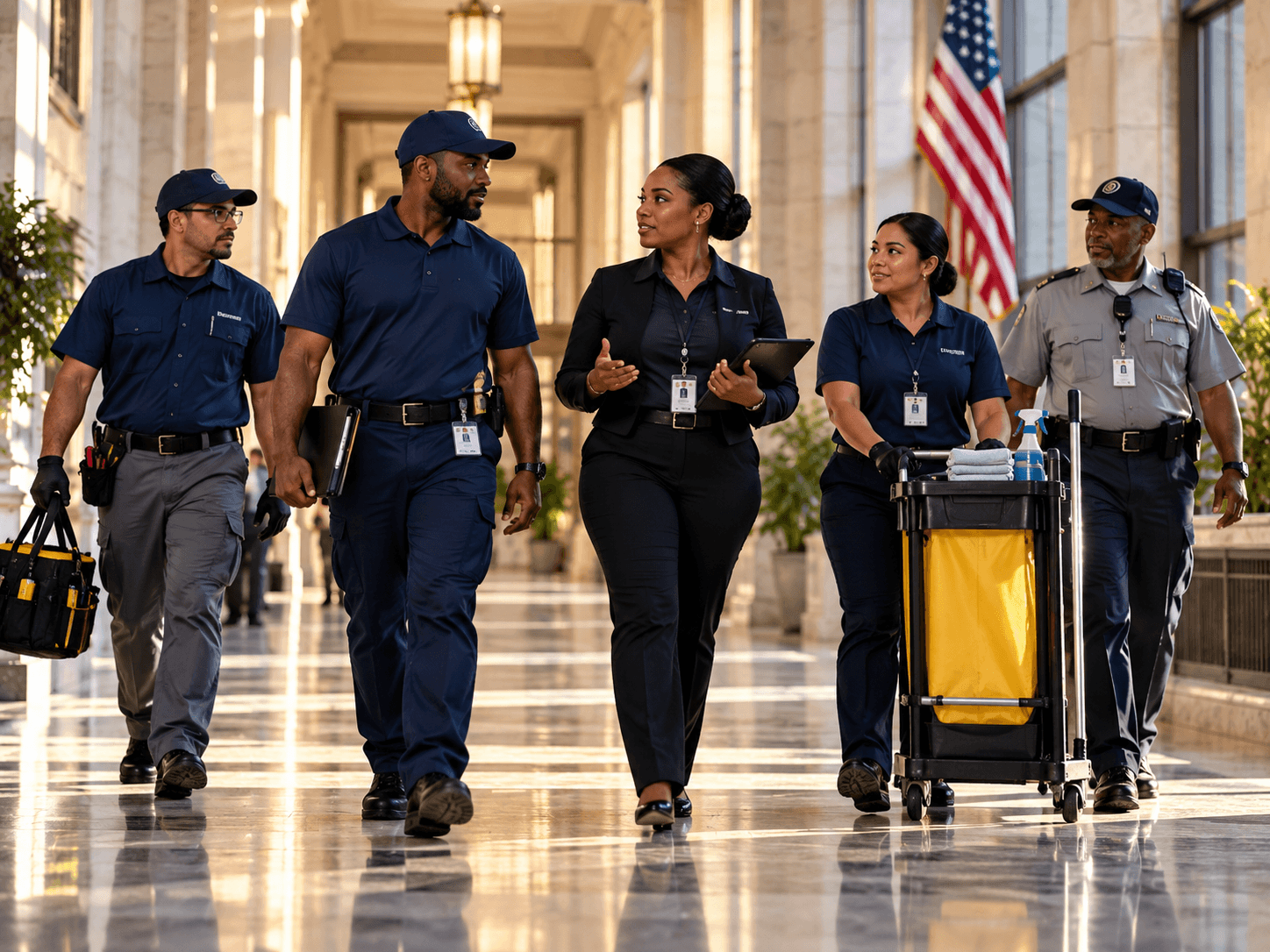 Facility team of technicians, custodial staff, and security personnel walking through a government building